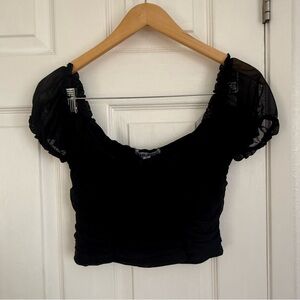 Black mesh rushed puff sleeve crop top